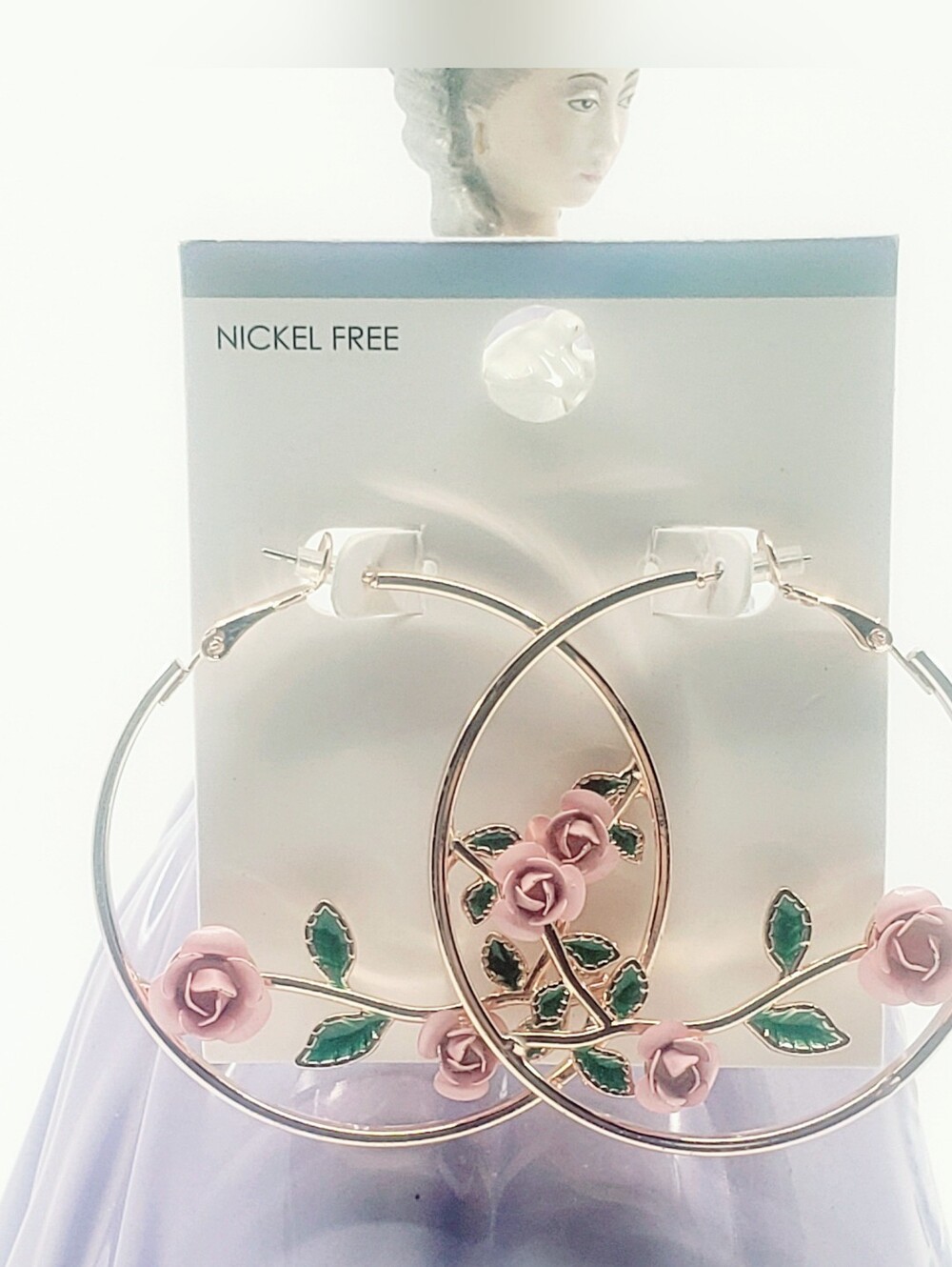Nickel Free Pink Rose Hoop Earrings